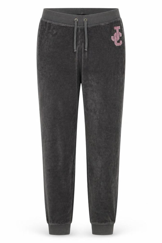 Front view of Juicy Couture girls’ grey velour jogger trousers size 18y drawstring waist