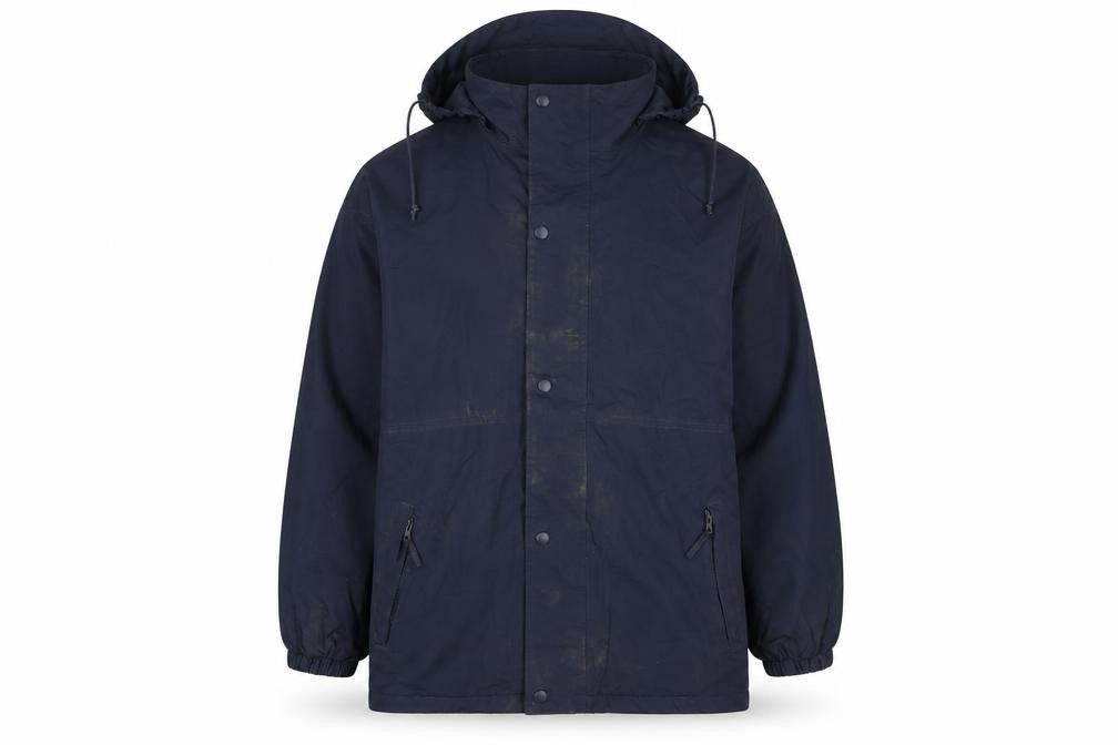 Front view of Result Men's Blue Waterproof Hooded Rain Coat Jacket, size S