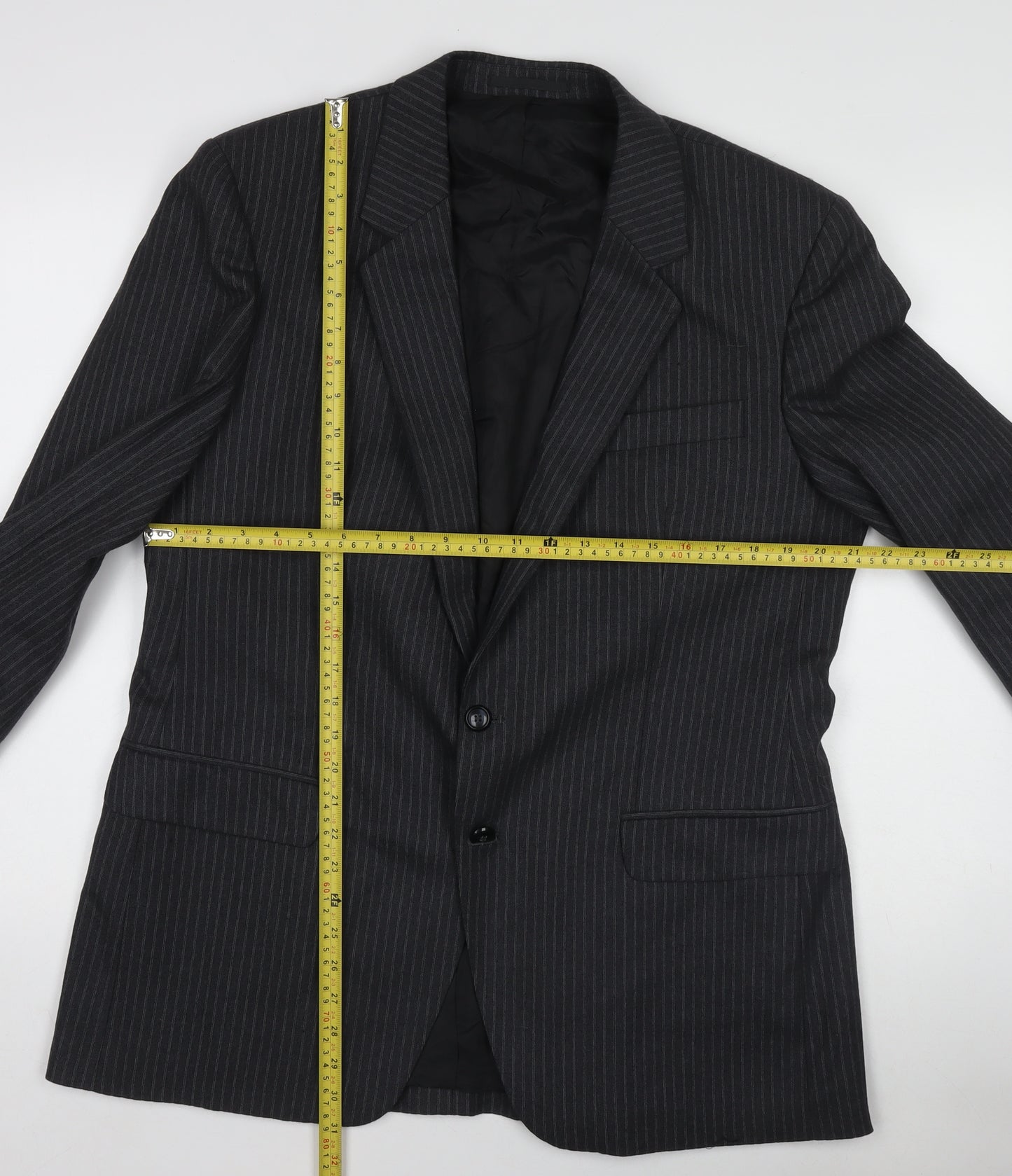 Men's Black Pinstripe Pure Wool Blazer Jacket - 40 Regular Fit