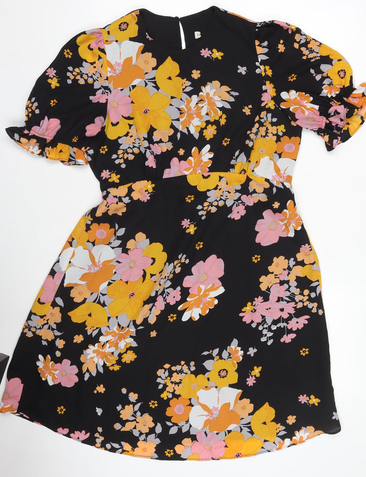 Women's Multicoloured Floral Fit & Flare Dress Size 14 Puff Sleeve