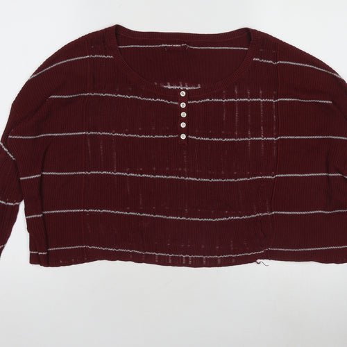 Women's Red Striped Henley Knit Jumper Long Sleeve Size M