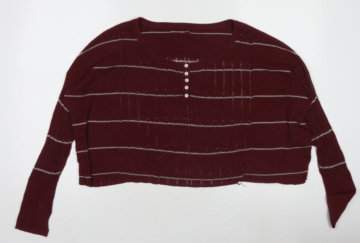 Women's Red Striped Henley Knit Jumper Long Sleeve Size M
