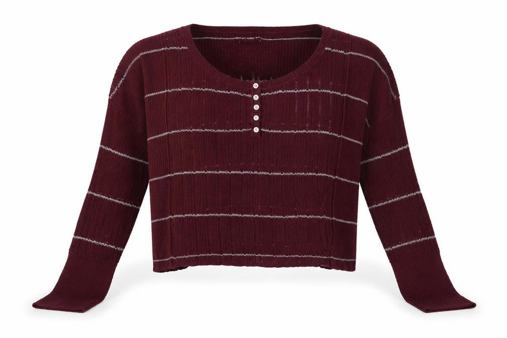 Front view of Women's Red Striped Henley Knit Jumper Long Sleeve, size M