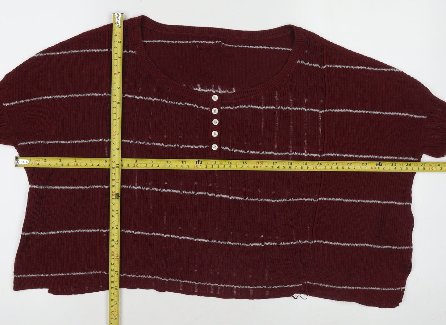 Women's Red Striped Henley Knit Jumper Long Sleeve Size M