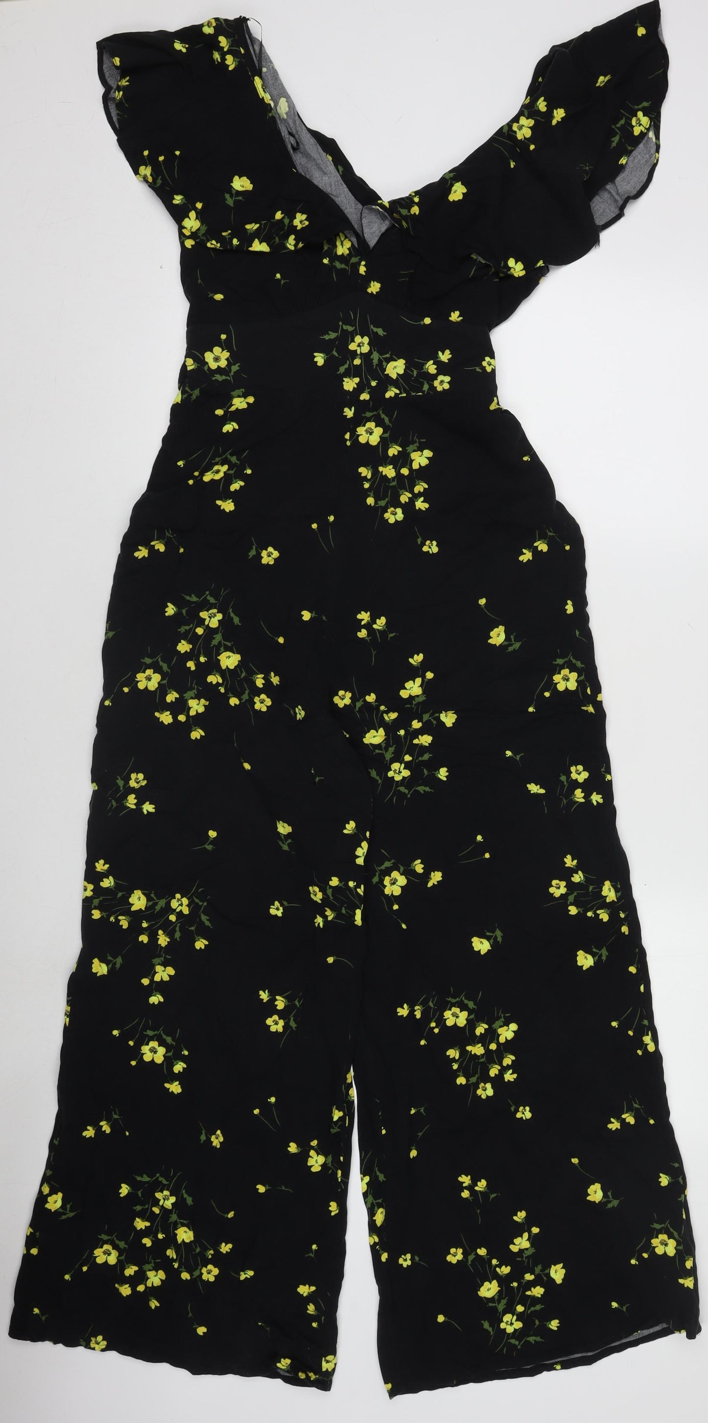 Nobody’s Child Women’s Black Floral Jumpsuit Size 8 Short Sleeve Wide-Leg