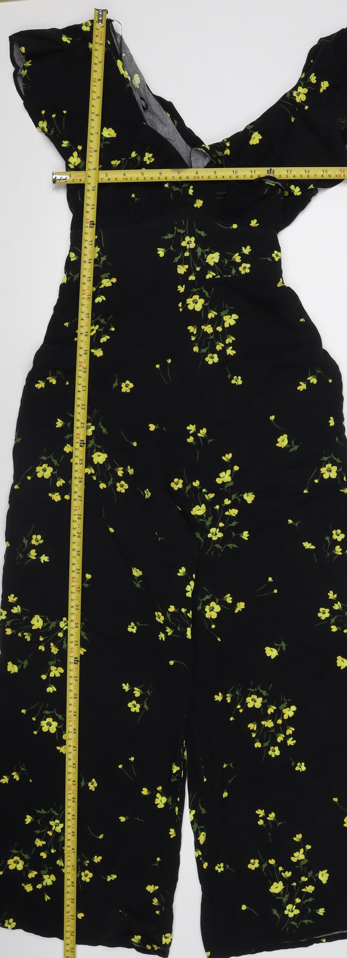 Nobody’s Child Women’s Black Floral Jumpsuit Size 8 Short Sleeve Wide-Leg