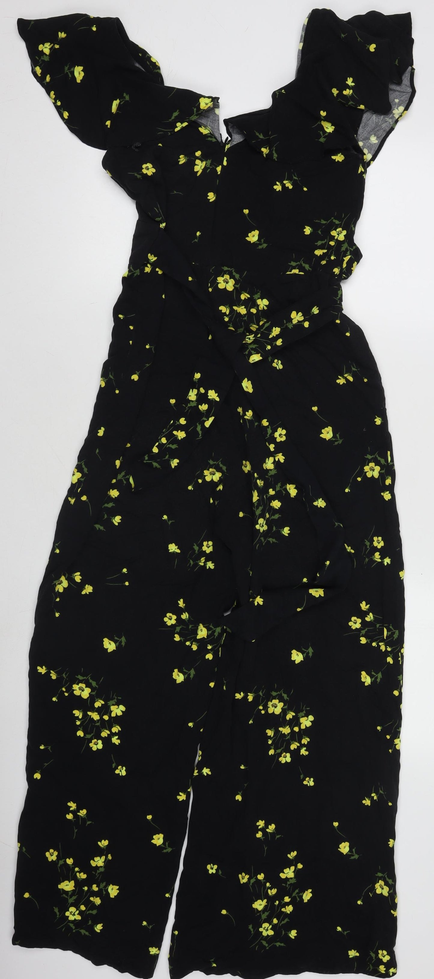 Nobody’s Child Women’s Black Floral Jumpsuit Size 8 Short Sleeve Wide-Leg