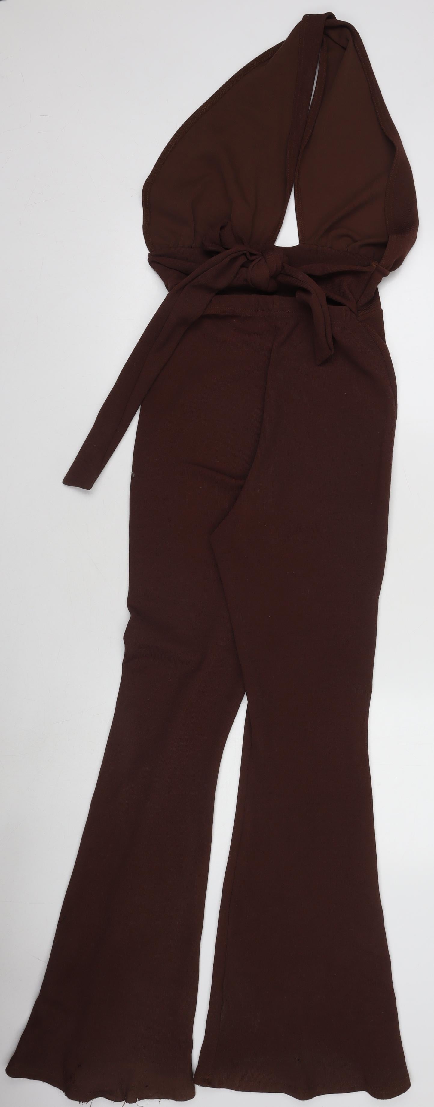 PrettyLittleThing Petite Brown Halterneck Flared Jumpsuit UK 6 Polyester Blend