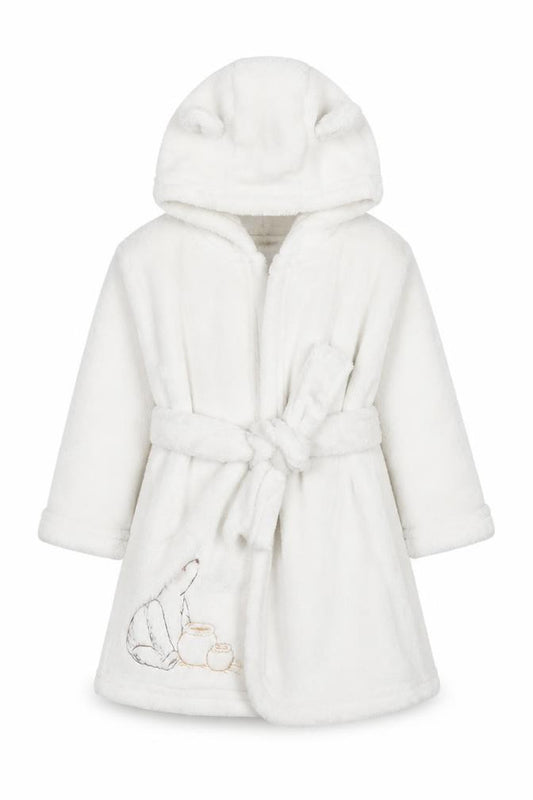 Front view of Tu Disney Classic Pooh White Fleece Hooded Baby Robe 9-12 Months