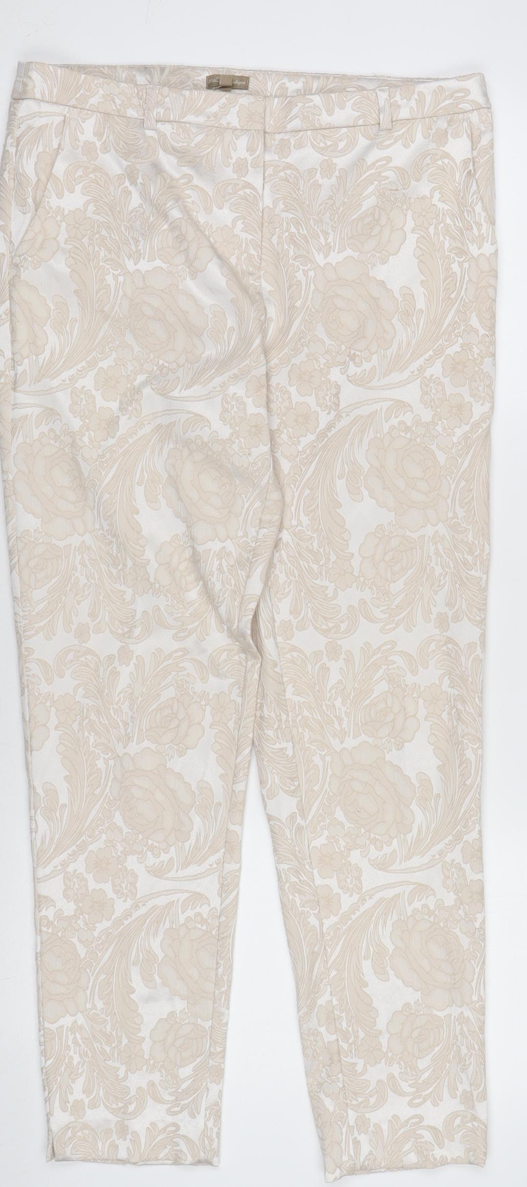 M&Co Boutique Women's Beige Floral Tapered Trousers Size 16
