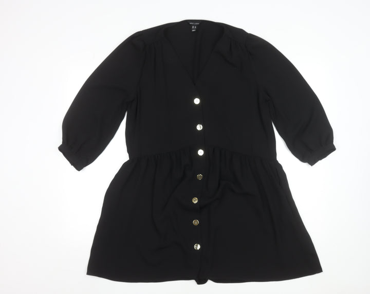 New Look Women Black A-Line Short Button Dress Size 12