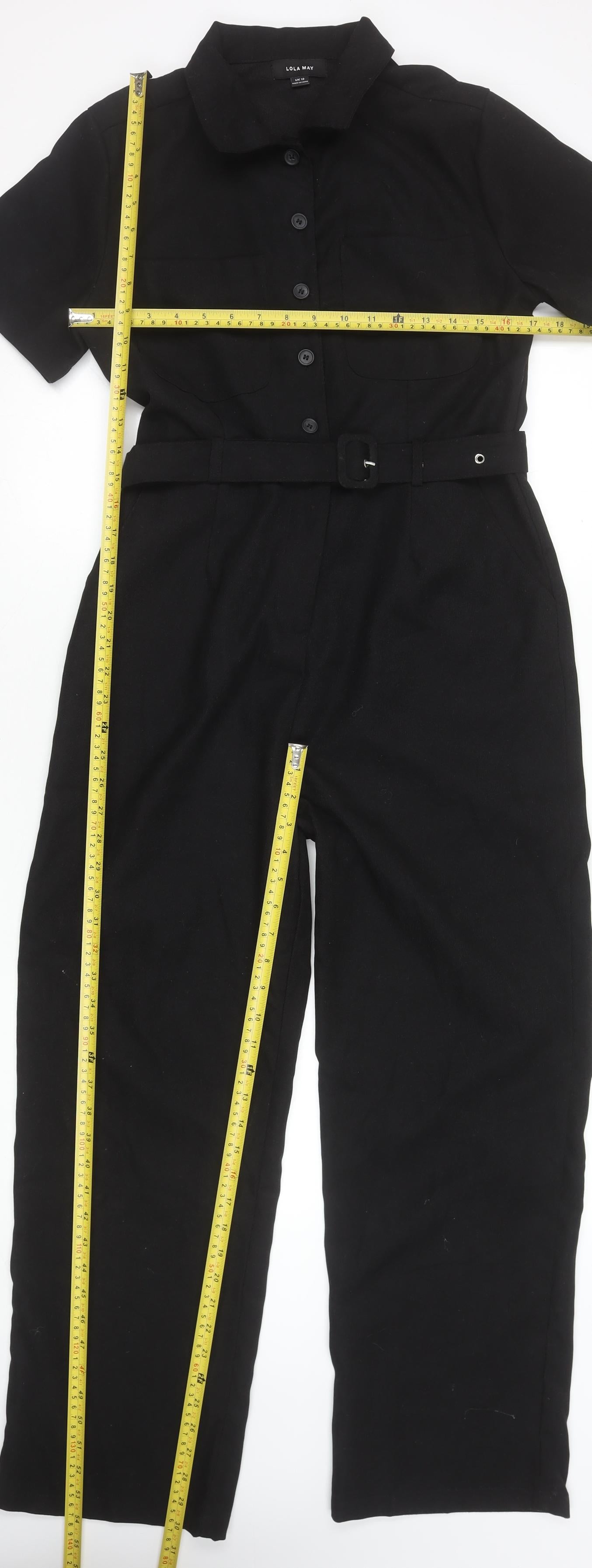 Lola May Women's Black Short Sleeve Collared Belted Jumpsuit UK 12