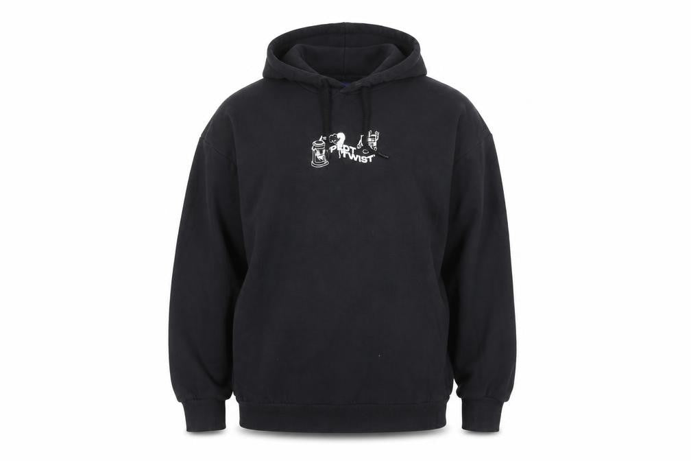 Front view of Jack & Jones Men's Black Graphic Pullover Hoodie L Regular Fit