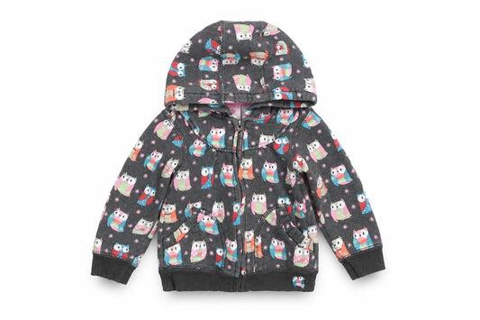 Front view of Pumpkin Patch girls’ grey owl print hooded zip jacket 24 months