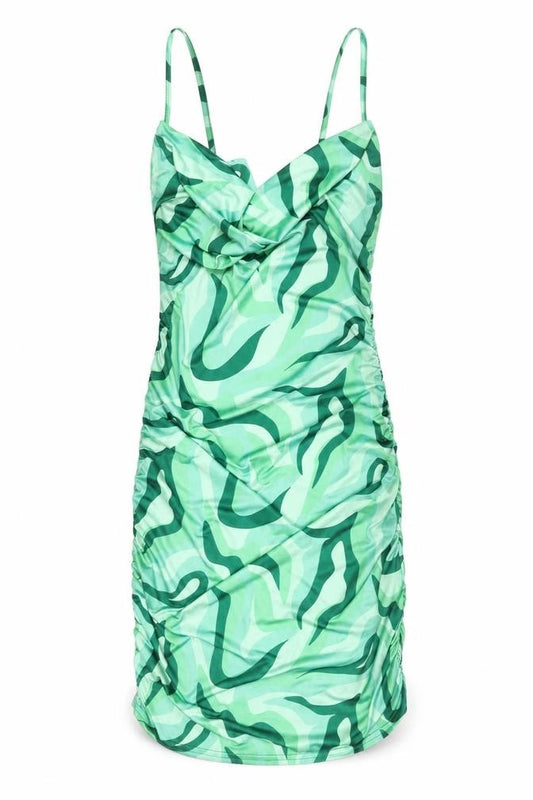 Front view of PRETTYLITTLETHING Women’s Green Camouflage Ruched Bodycon Dress, size UK 14