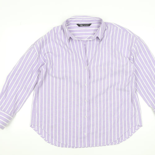 ZARA Women's Purple Striped Button-Up Shirt Size 12 Long Sleeve