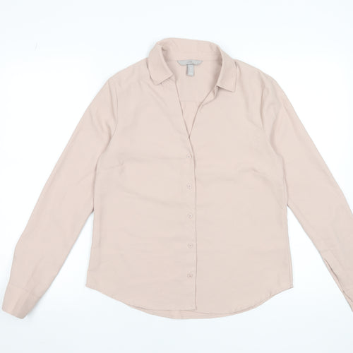 H&M Women Beige Long Sleeve Button-Up Blouse Size 8 Classic Fit