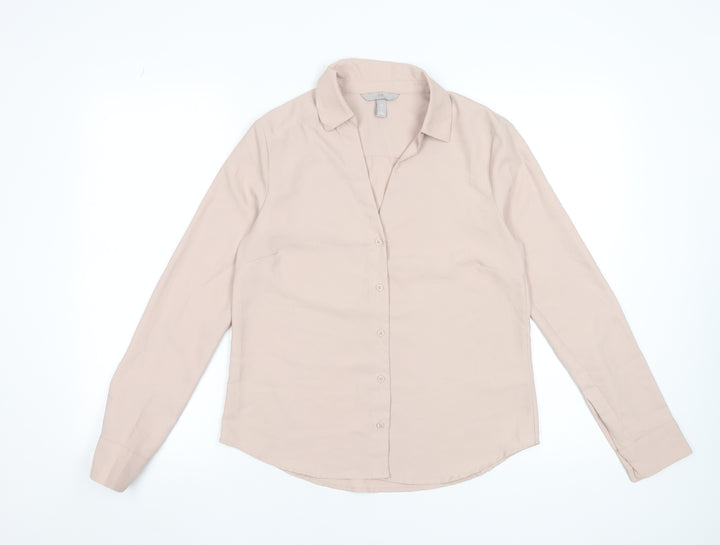H&M Women Beige Long Sleeve Button-Up Blouse Size 8 Classic Fit