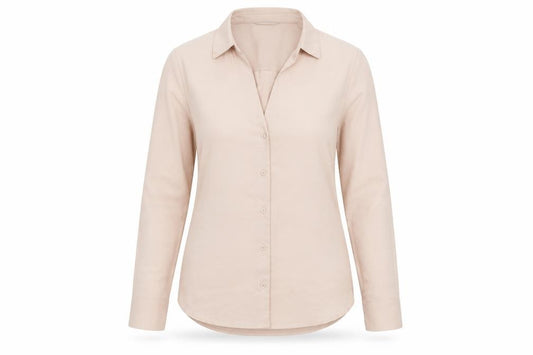 Front view of H&M Women Beige Long Sleeve Button-Up Blouse, size 8, Classic Fit