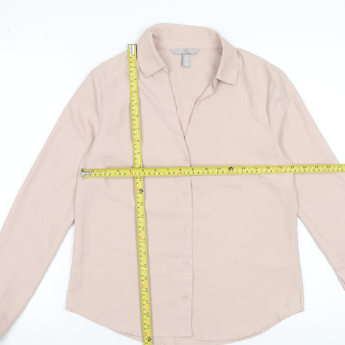 H&M Women Beige Long Sleeve Button-Up Blouse Size 8 Classic Fit
