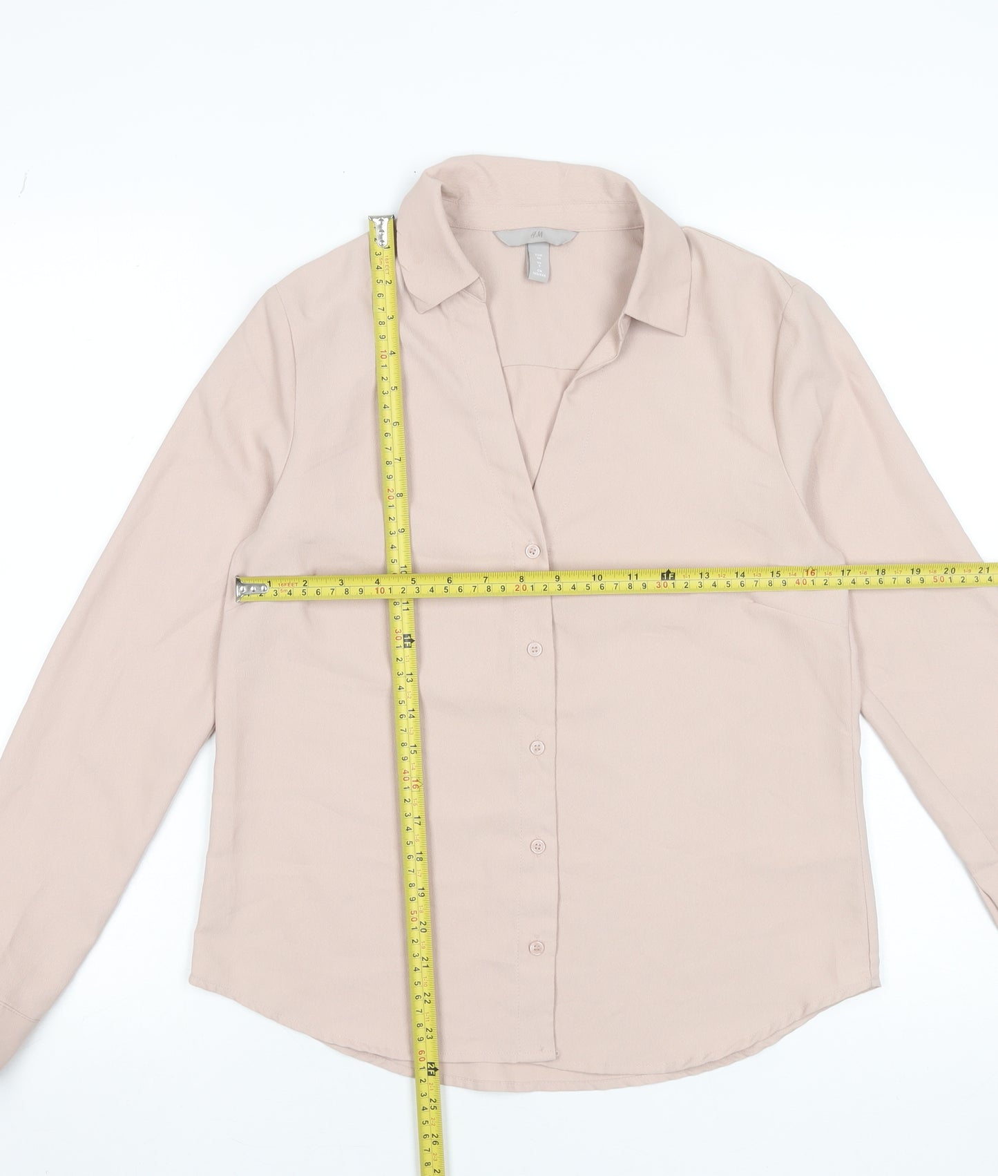 H&M Women Beige Long Sleeve Button-Up Blouse Size 8 Classic Fit