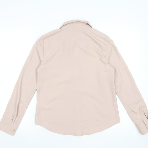 H&M Women Beige Long Sleeve Button-Up Blouse Size 8 Classic Fit