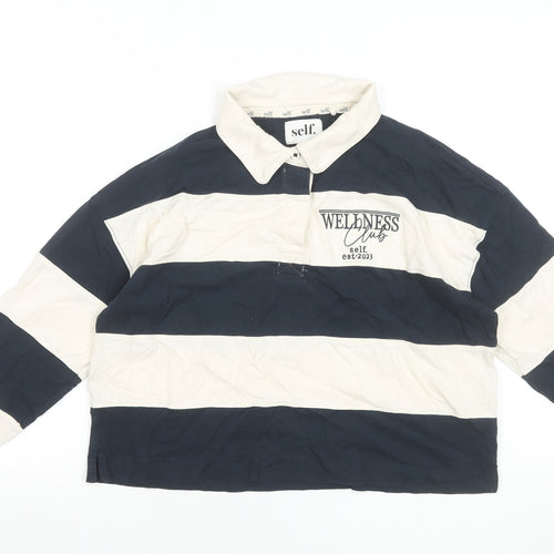 self. Women Blue Striped Collared Long Sleeve Cropped Polo Top Size 10