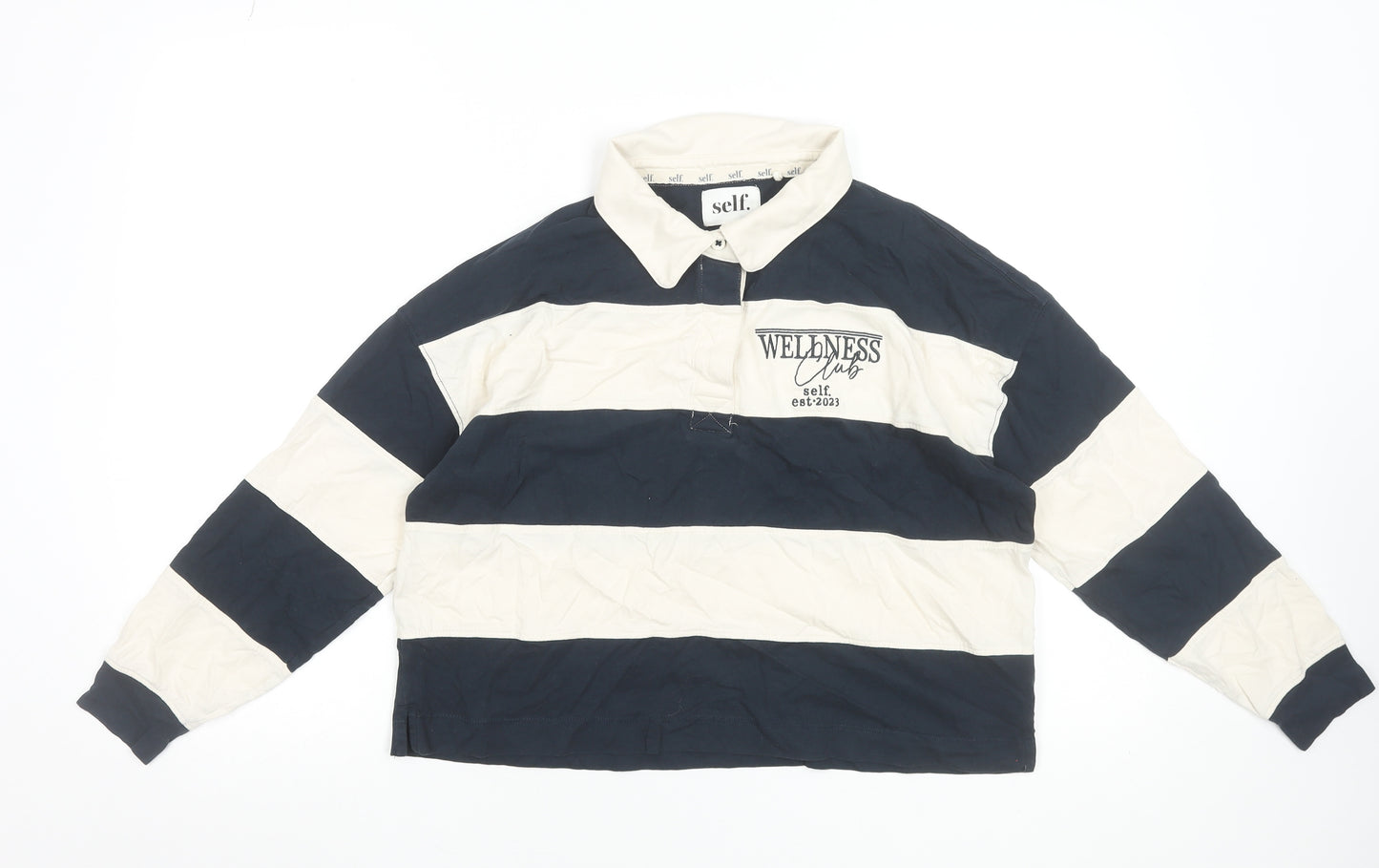 self. Women Blue Striped Collared Long Sleeve Cropped Polo Top Size 10