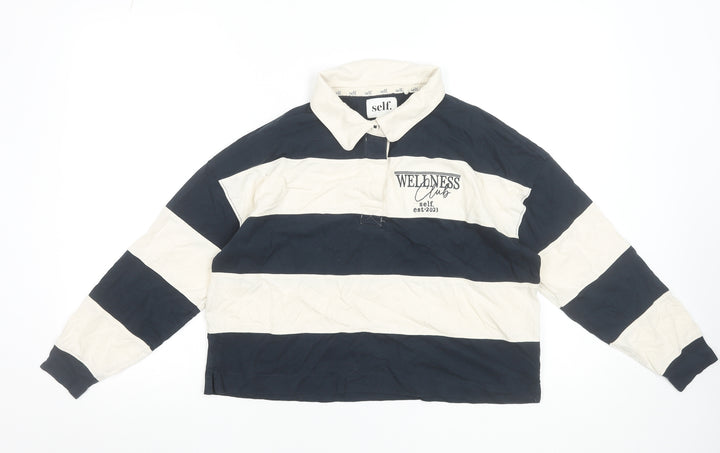 self. Women Blue Striped Collared Long Sleeve Cropped Polo Top Size 10