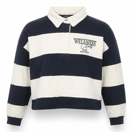 self. Women Blue Striped Collared Long Sleeve Cropped Polo Top Size 10