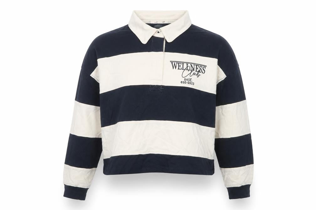 self. Women Blue Striped Collared Long Sleeve Cropped Polo Top Size 10
