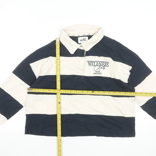 self. Women Blue Striped Collared Long Sleeve Cropped Polo Top Size 10