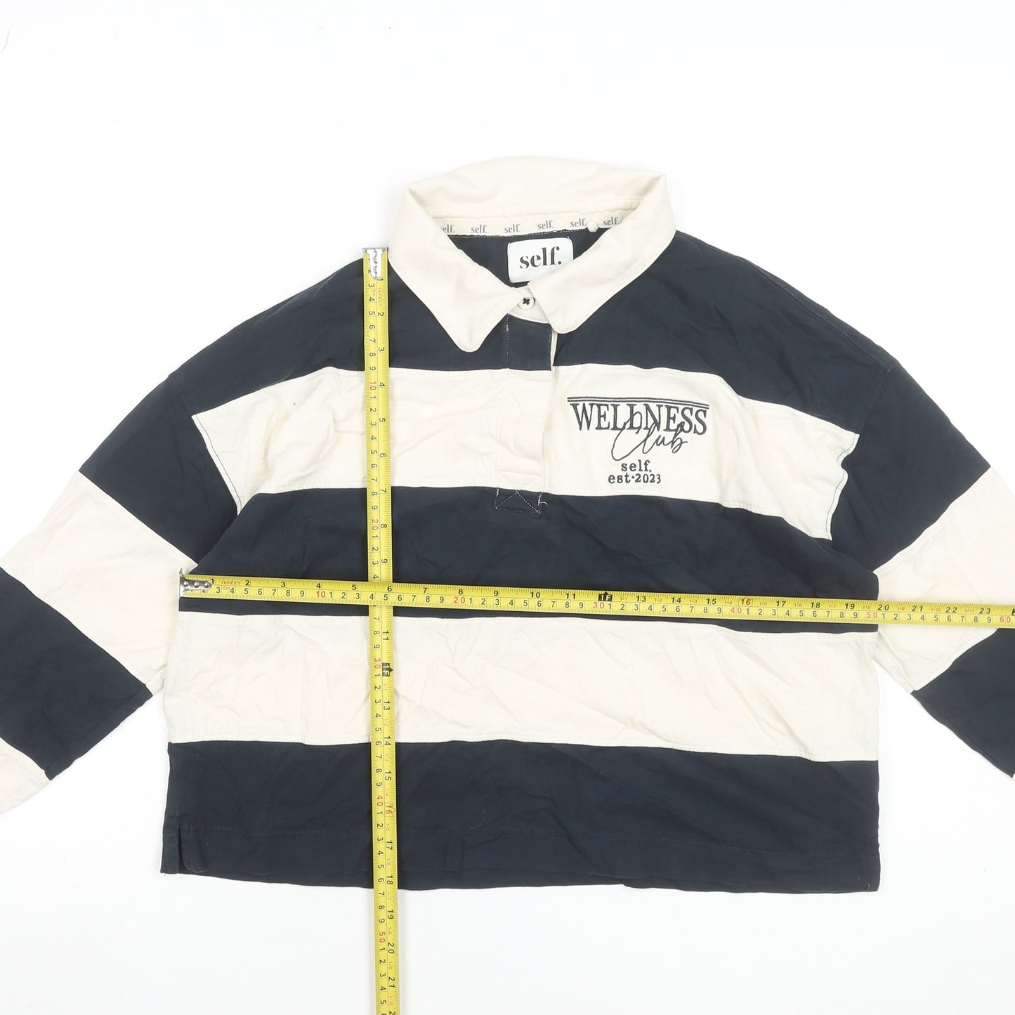 self. Women Blue Striped Collared Long Sleeve Cropped Polo Top Size 10