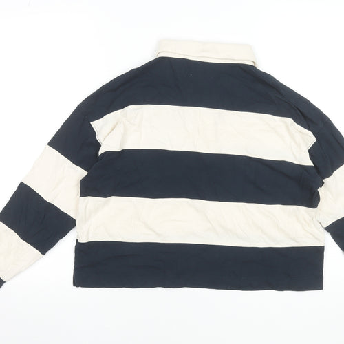 self. Women Blue Striped Collared Long Sleeve Cropped Polo Top Size 10