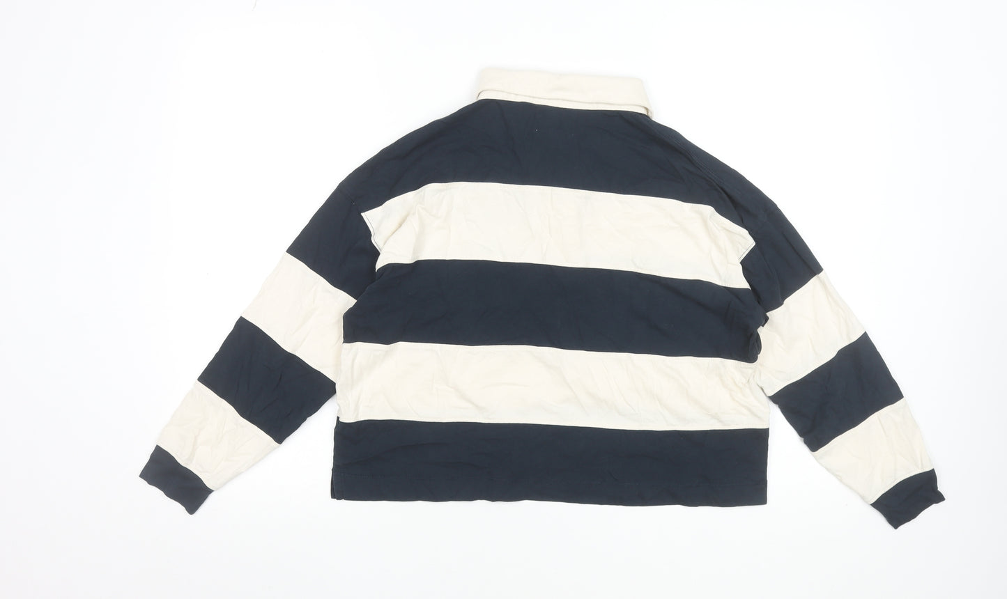 self. Women Blue Striped Collared Long Sleeve Cropped Polo Top Size 10