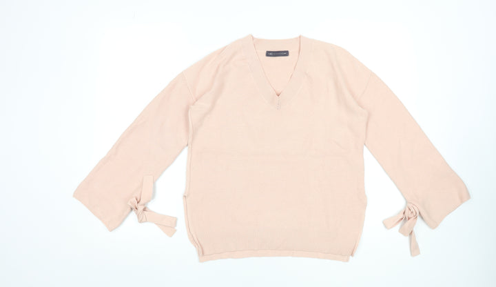Marks and Spencer Women Beige V-Neck Bow Sleeve Knit Jumper Size 10 Petite