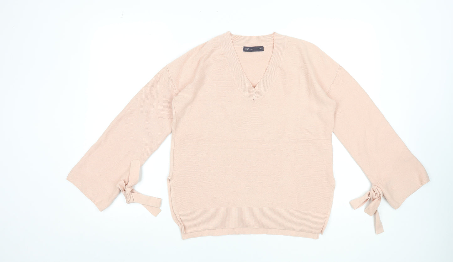 Marks and Spencer Women Beige V-Neck Bow Sleeve Knit Jumper Size 10 Petite
