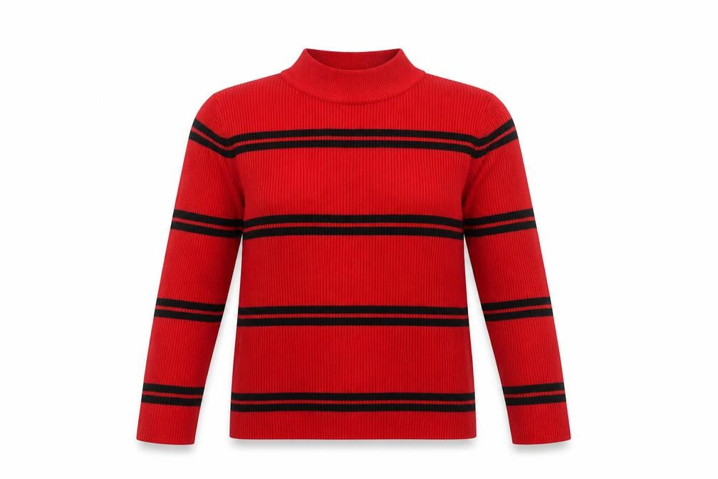 Front view of Red Herring Women’s Red Striped Mock Neck Jumper, size UK 12
