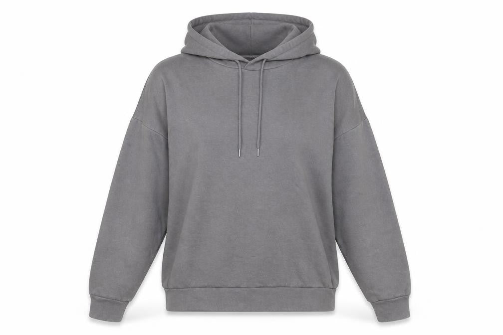 Front view of Noisy May women’s grey lovers graphic pullover hoodie, size M