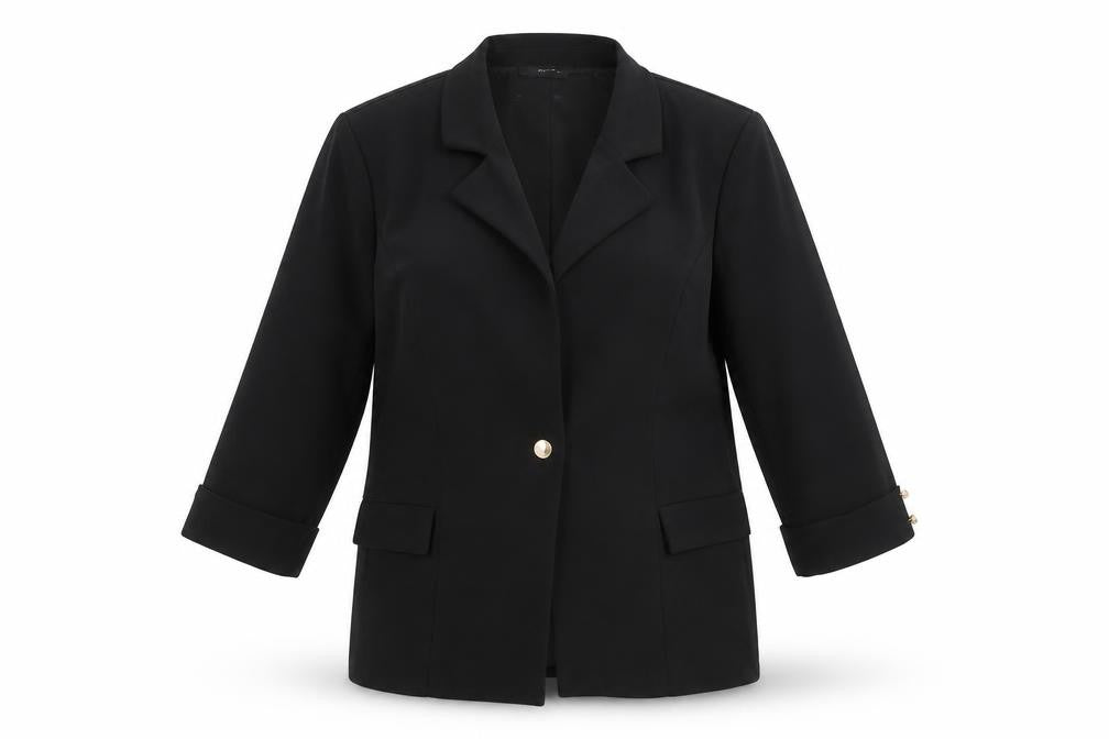 Front view of Quiz Women’s Black Blazer, size UK 12, Classic Mid-Length Jacket