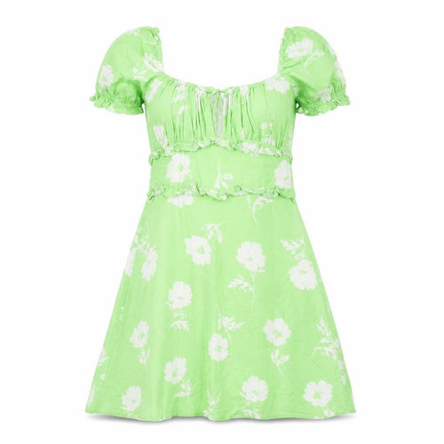 Miss Selfridge Women's Green Floral A-Line Puff Sleeve Dress Size 10
