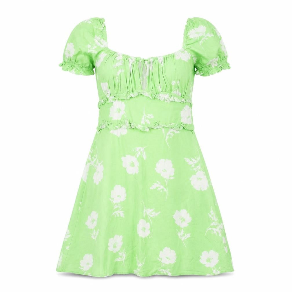 Miss Selfridge Women's Green Floral A-Line Puff Sleeve Dress Size 10