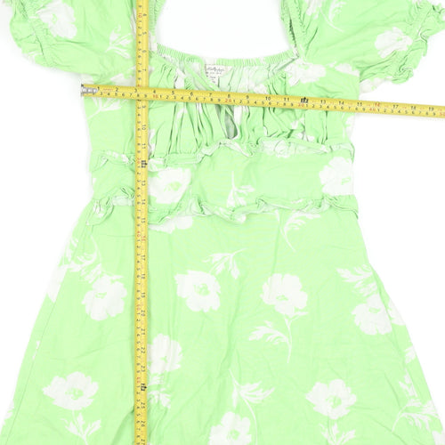 Miss Selfridge Women's Green Floral A-Line Puff Sleeve Dress Size 10
