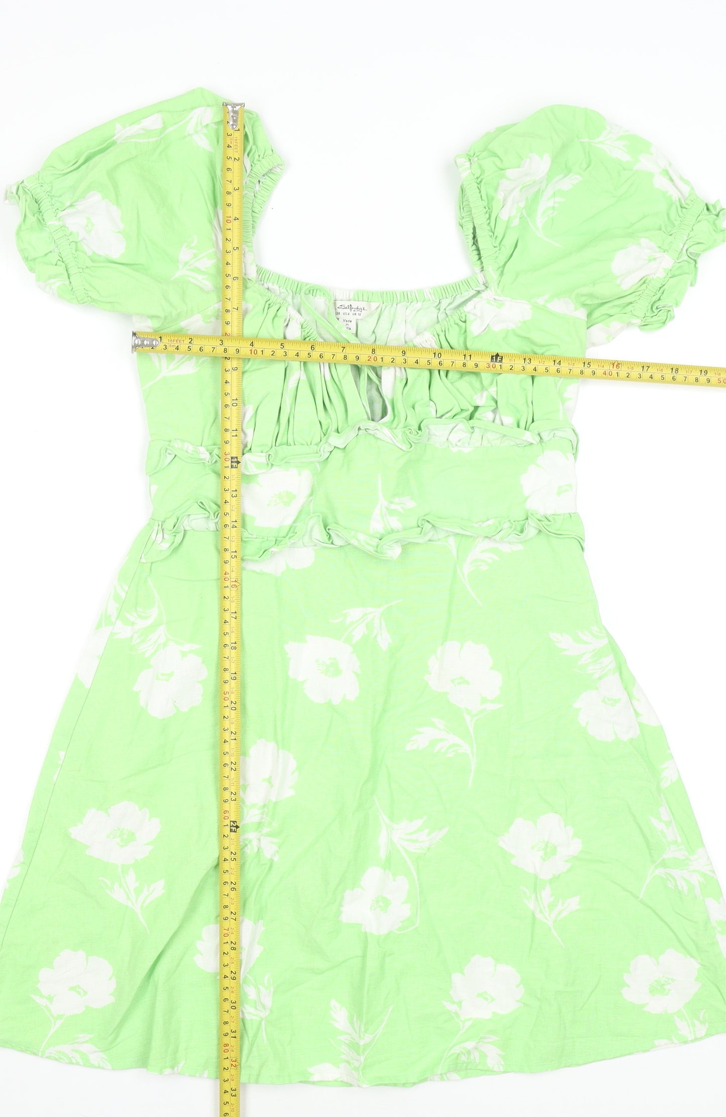 Miss Selfridge Women's Green Floral A-Line Puff Sleeve Dress Size 10