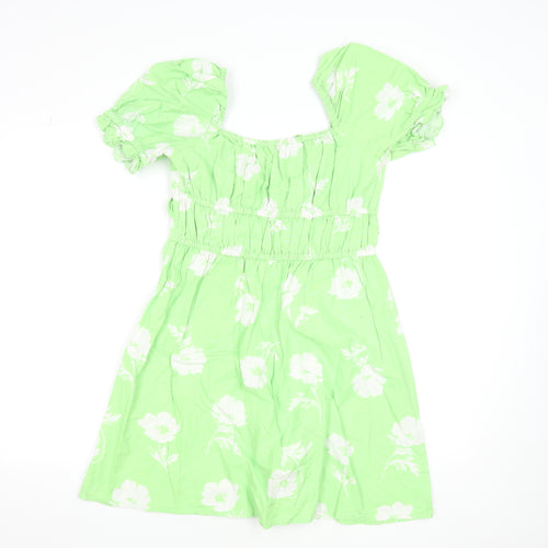 Miss Selfridge Women's Green Floral A-Line Puff Sleeve Dress Size 10