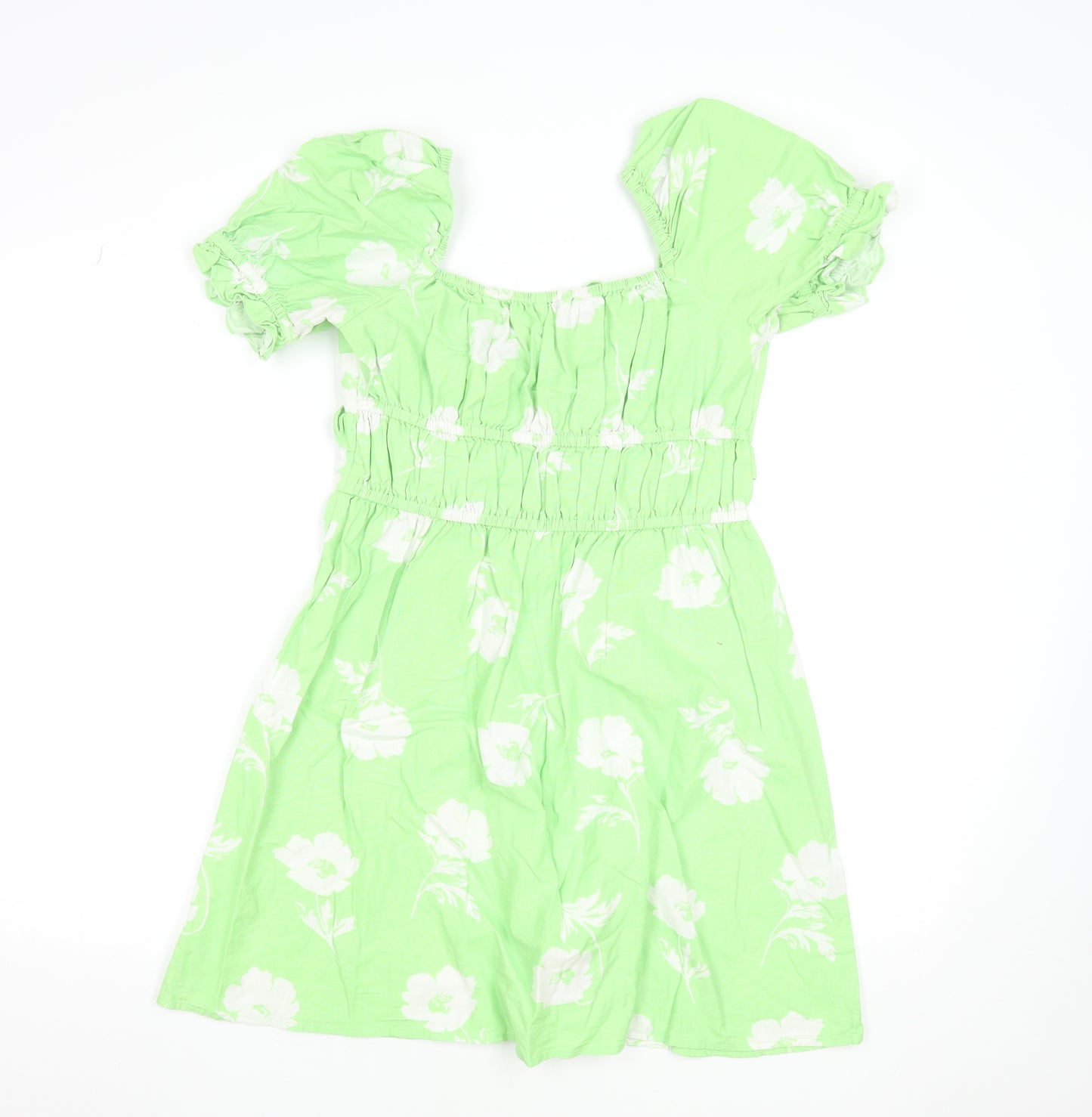 Miss Selfridge Women's Green Floral A-Line Puff Sleeve Dress Size 10