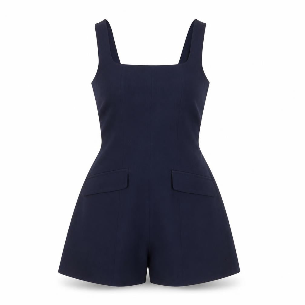 Front view of PRETTYLITTLETHING Women's Navy Blue Playsuit UK 6 Polyester Blend Zip Back