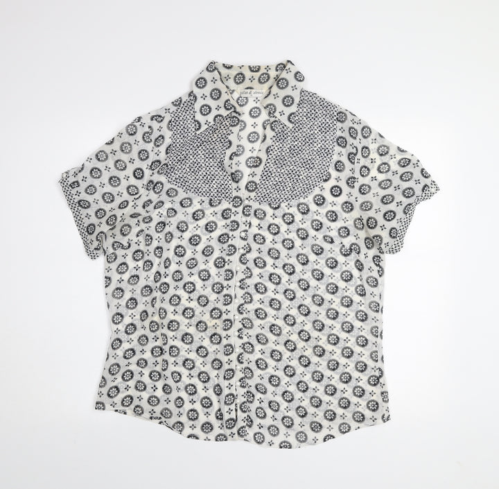 Yifan & Alessia Women’s White Floral Short Sleeve Button-Up Blouse XL