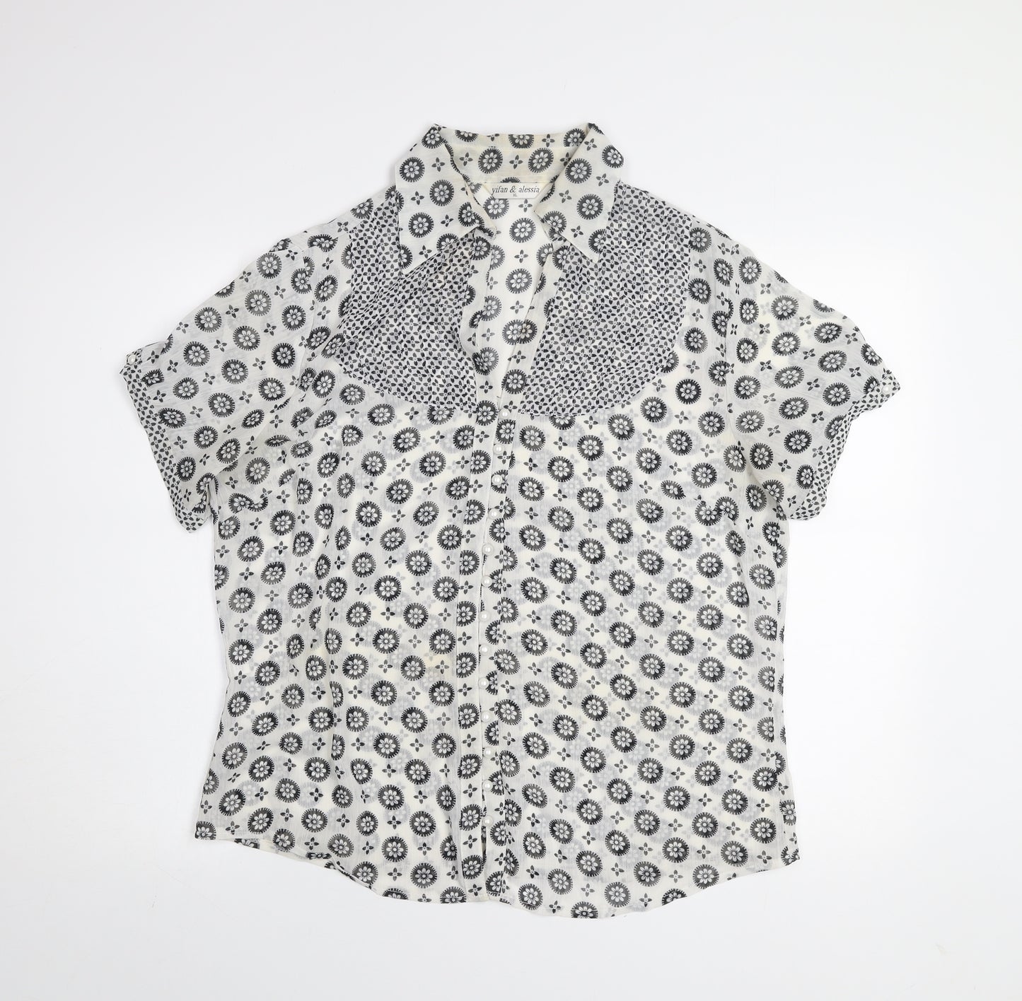 Yifan & Alessia Women’s White Floral Short Sleeve Button-Up Blouse XL