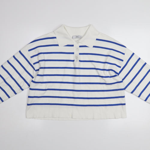 MNG Women's White Blue Striped Collared Henley Jumper Size M